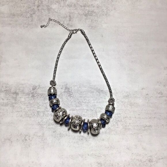 Sliding Beaded Necklace Chunky Bib Blue Faceted Silver Tone Mesh Chain 18.5" - Picture 1 of 5